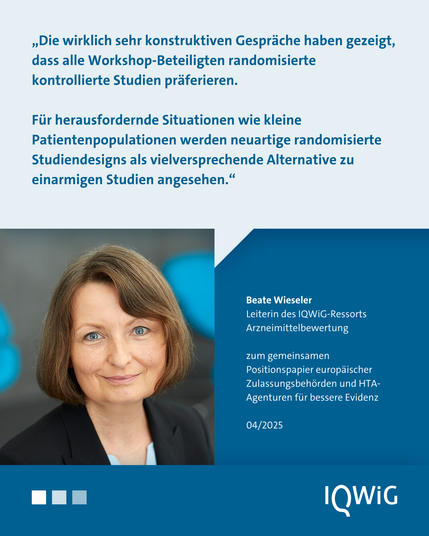 Zitatbild mit dem Porträt einer Frau mit kinnlangem, glattem, braunem Haar, die freundlich in die Kamera blickt. „Die wirklich sehr konstruktiven Gespräche haben gezeigt, dass alle Workshop-Beteiligten randomisierte kontrollierte Studien präferieren. Für herausfordernde Situationen wie kleine Patientenpopulationen werden neuartige randomisierte Studiendesigns als vielversprechende Alternative zu einarmigen Studien angesehen.“ Beate Wieseler, Leiterin des IQWiG-Ressorts Arzneimittelbewertung