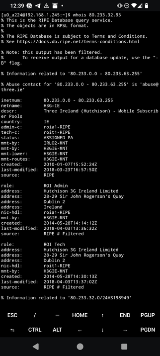 A screenshot of the output of `whois` in Termux on Android checking the ownership of the IP address blocked by Spamhaus.
