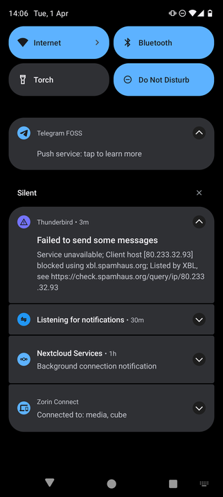 The message from Thunderbird showing the human-readable part of the SMTP response, indicating that my mobile network IP address is on the Spamhaus XBL.