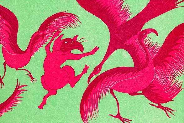 Linocut. 2 colors: Pink and green making purpel by overlaping. A pig with a flamingo-mask is dancing among flamingos.