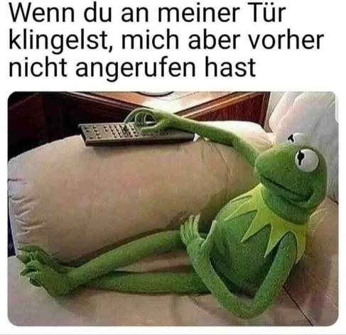 Text: Wenn du an meiner Tür klingelst, mich aber vorher nicht angerufen hast.
Darunter ein Bild von Kermit dem Frosch, der entspannt auf dem Sofa sitzt, die Fernbedienung in der Hand.