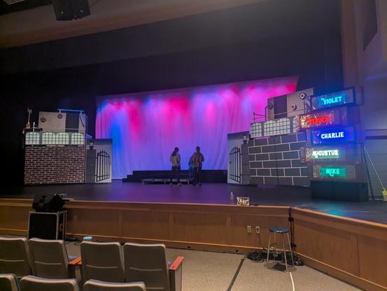 The stage set for the end of act 1. 
Brick wall on left , with cement wall up top, windows across the top of the stage, and factory gates in the middle. Audience right is a big block wall, with a stack of golden ticket bars lit up.