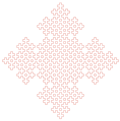 The order 5 Fibonacci snowflake — a fractal outline made from small line segments at right angles to each other. The overall shape is rather like a square standing on one corner with bites of various sizes taken out of it. Inside the outline are snowflakes of lower orders, including the order 1 snowflake (a square) and the order 2 snowflake (a plus sign formed from 5 squares).