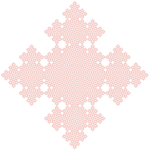 The order 6 snowflake — like its order 5 counterpart, but much more complex. This is also filled with a bunch of lower-order snowflakes, but despite the complexity it can all be stitched with horizontal and vertical lines of running stitch (though practically speaking you would probably want to carry the thread across the back in some cases to avoid having too many “ends”).