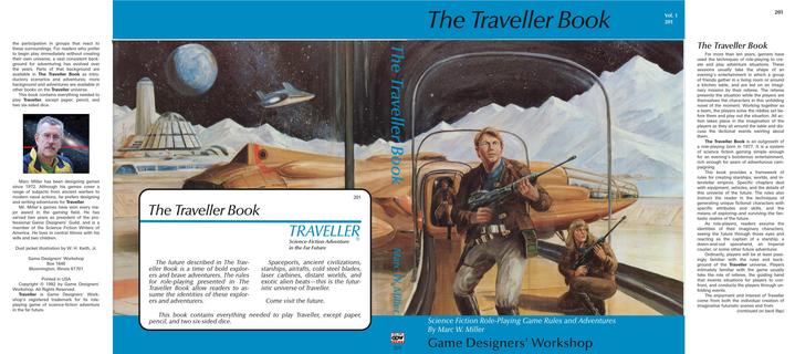 Reconstructed dust jacket for "The Traveller Book" with a recent photo of Marc Miller and newer version of the GDW logo.