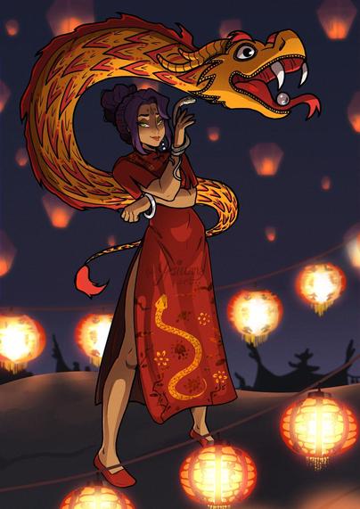 Drawing of a woman in a red festive dress holding a pet snake. There are orange lanterns around her and more lanterns floating in the sky. A silly looking dragon-snake based on lunar new year costumes is flying above her head.