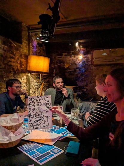 In bar with blue posters on the table about postdoc eents in Göttingen. Researchers discussing things in background. One person holds poster with writing on and chemical symbols.