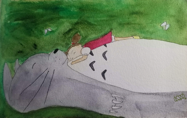 A very small child in a pink dress & pigtails naps on a gigantic friendly grey monster, who is also sleeping. They are surrounded by lush greenery.