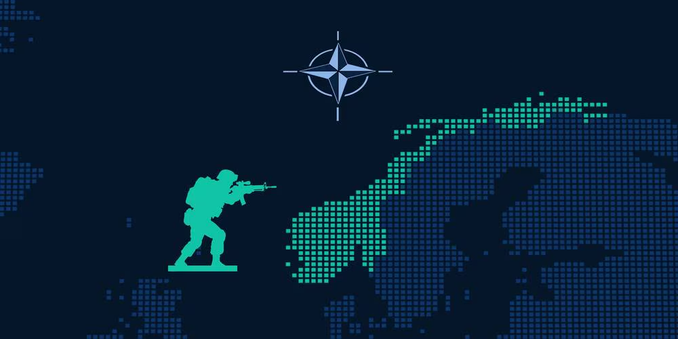 Skjematisk bilde av en soldat med sekk, hjelm og gevær på venstre side og et Norgeskart på høyre side. Soldaten sikter på Trøndelag