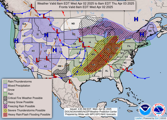 Very large area of the US with severe thunderstorms and heavy rain/flash flooding on a map