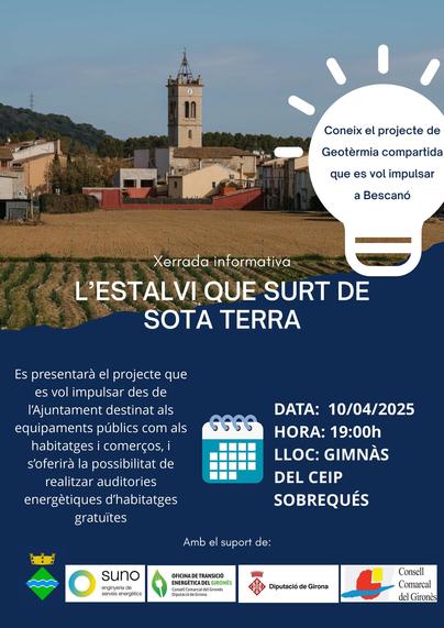 Cartell de la xerrada informativa ciutadana pels veïns de Bescanó sobre la xarxa de calor i fred municipal. 

Text + foto del poble

Data: 10/04/2025
Hora: 19h.
Lloc: Gimnàs del CEIP Sobrequés