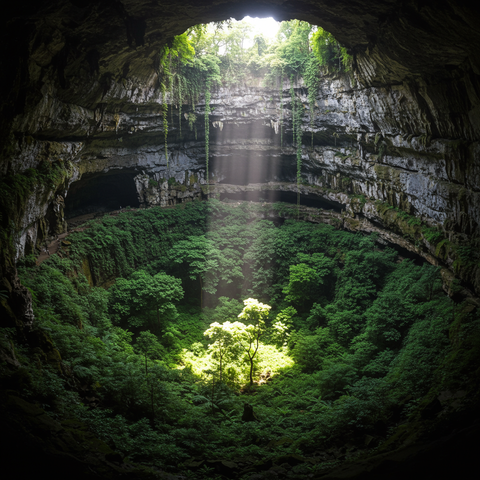 Tongtianluo Cave, a deep sinkhole in Guangdong, China, shelters a thriving underground forest.
