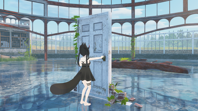 View of a door standing in the middle of a pond. A Leefa avatar is reaching to open it.