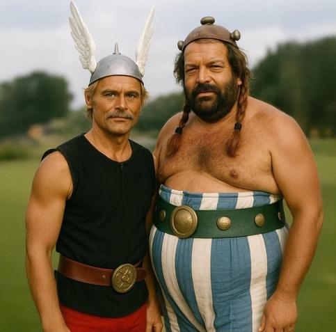Meme, AI-generated Image showing Terence Hill und Bud Spencer as Asterix & Obelix