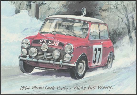 Printed colour postcard showing an illustration of the Mini Cooper's first win at the 1964 Monte Carlo Rally with Hopkirk and Liddon in 33 EJB.

Published by Golden Era, No GP 009.

Postally unused.

Very good condition, with very slight corner bumps.