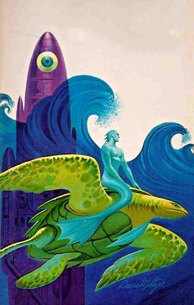 a somewhat abstract scene of a merman riding the back of a horse-sized sea turtle with an aerodynamic (hydrodynamic?) shape and a determined look in its eye. behind them and rising out of a rough sea of cresting waves is a torpedo shaped streamlined tower in purple with a large unlidded eye at the top