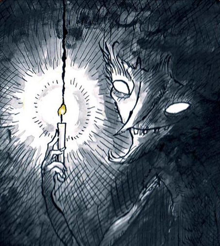A pwca holds his magic candle. Illustration by Huw Aaron for the card game "Legends of Wales."