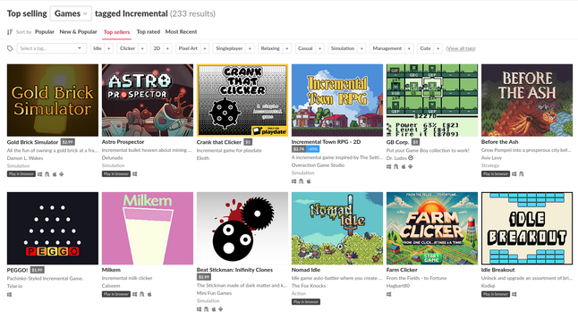 A screenshot of itch.io's page for "Top selling games tagged Incremental" showing Gold Brick Simulator in the upper left in the grid of results (i.e. first in the list).
