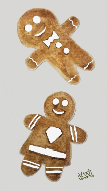 Watercolor of 2 gingerbread cookies, cut & decorated to look like a man & a Superman.