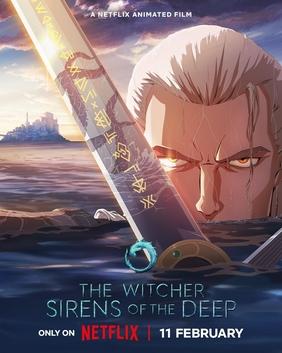 Release-Poster zum Film. Geralt von Rivia steht bis unter seine Nase in einem Gewässer. Eine mit Runen verzierte Klinge vor sich haltend. Im Hintergrund eine Art Festungsinsel.