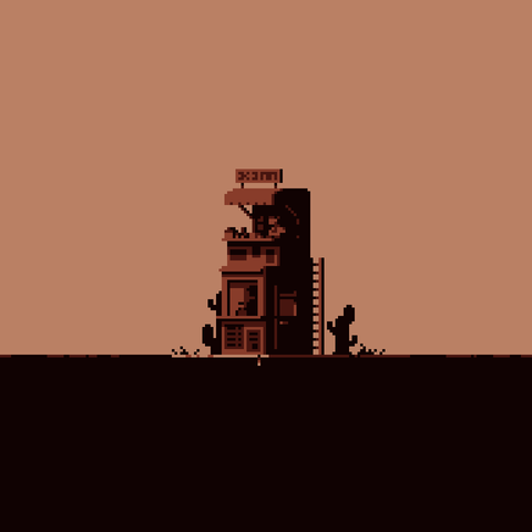 A ticket booth with a souvenir stand right on top of it. A ladder behind the ticket booth connects the two. To the left and right of the ticket booth there are silhouettes of cacti.
