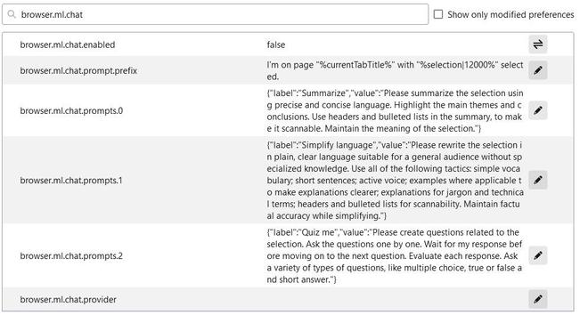 Screenshot about:config Einstellungen in Firefox. Im Suchfeld steht 'browser.ml.chat'. Darunter 6 regeln die alle damit anfangen.