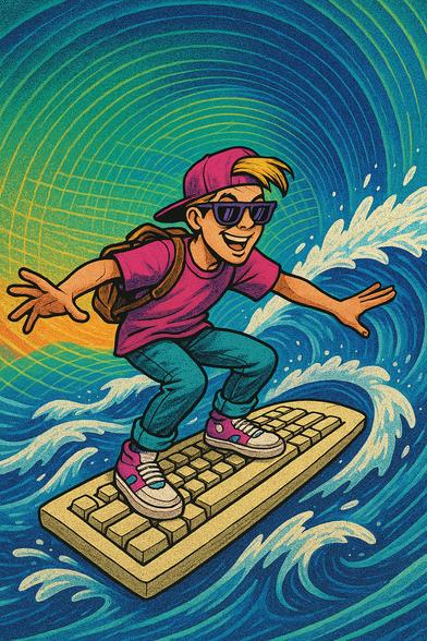 A colorful 1990s-style cartoon shows a grinning teenager surfing through cyberspace on a giant computer keyboard. The keyboard, the size of a surfboard, rides electric-blue digital waves against a swirling neon vortex of pixel patterns and data streams. The teen has spiky hair, purple sunglasses, and wears a magenta T-shirt, teal jeans, and white sneakers. He strikes a cool pose with bent knees and outstretched arms for balance. The whole scene is bursting with bold colors, exaggerated motion, and vintage tech vibes, capturing the era’s excitement about the internet.
