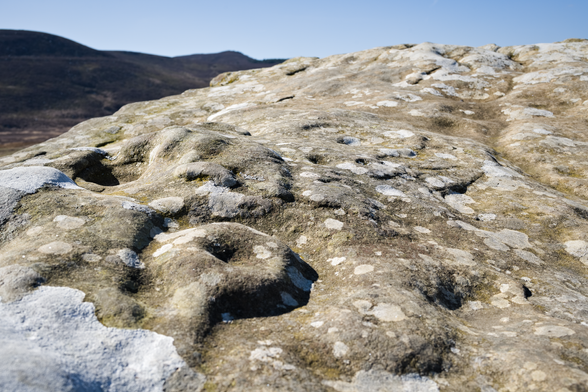 Ancient cup and ring markings on a sandstone outcrop.