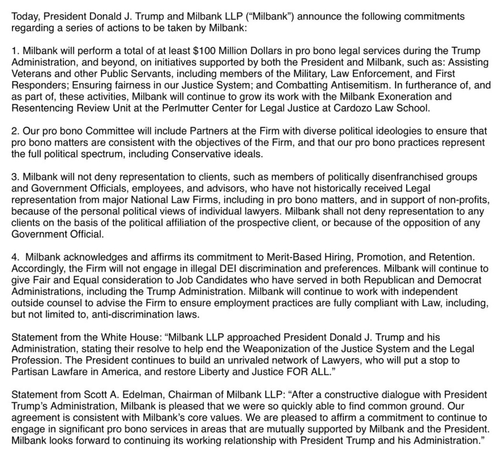 Today, President Donald J. Trump and Milbank LLP ("Milbank") announce the following commitments regarding a series of actions to be taken by Milbank: