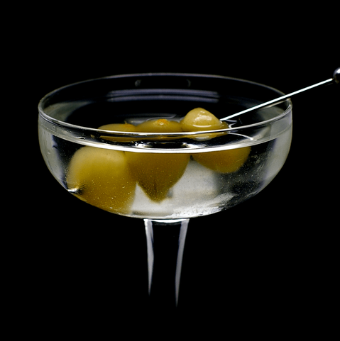 The cocktail itself in a chilled coupe and garnish with 3 cocktail onions