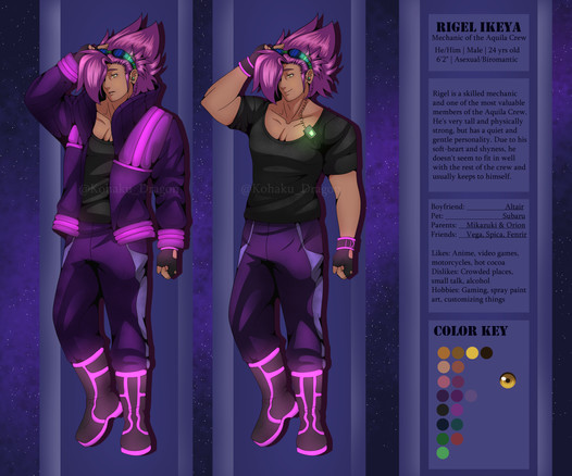 A profile for Rigel Ikeya (a tall, muscular man with pink and purple hair, a purple coat, pants, black shirt, goggles, and boots with pink lights on them. The text reads: Rigel Ikeya: Mechanic of the Aquila Crew. He/Him - Male - 24 years old - 6'2" - Asexual, Biromantic. Rigel is a skilled mechanic and one of the most valuable members of the Aquila Crew. He's very tall and physically strong, but has a quiet and gentle personality. Due to his soft-heart and shyness, he doesn't seem to fit in well with the rest of the crew and usually keeps to himself. Boyfriend: Altair. Pet: Subaru (dog). Parents: Mikazuki and Orion. Friends: Vega, Spica, Fenrir. Likes: Anime, video games, motorcycles, hot cocoa, Dislikes: Crowded places, small talk, alcohol. Hobbies: Gaming, spray paint art, customizing things. There's also a color key with all the colors I used for him.
