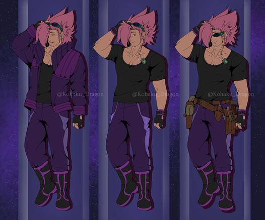 Three different variations of Rigel's outfit. He's a tall, muscular man with pink hair. In one variation, he's wearing a purple coat, goggles, black shirt, pants, and boots. In the second, he is wearing the same outfit minus the jacket. In the third, he is wearing the same outfit minus the jacket, but also wearing his tool belt and has his goggles on over his eyes.