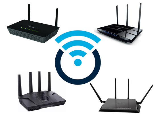 Logo OpenWRT, wokół niego popularne modele routerów działające pod kontrolą tego systemu.