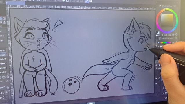 Work in Progress!

Sketch of a cat and a fox bowling. The cat is sitting while watching the fox fail with the ball