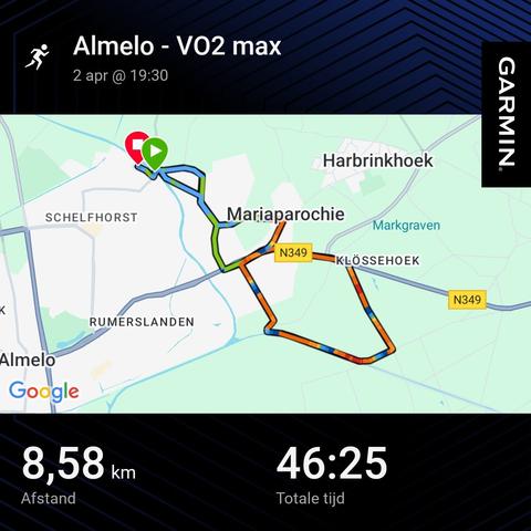Route map of VO2MAX training 8,58 km in 46:25