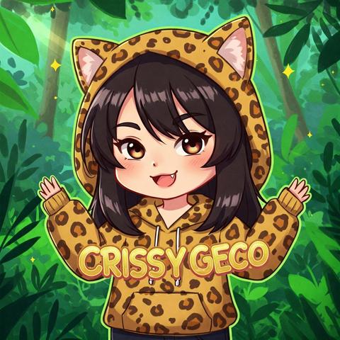 chibi Crissy wearing leopard hoodie in the forest