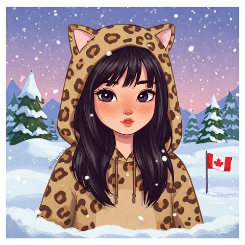 teen Crissy in Canadian winter with snow in the background, trees, Canadian flag