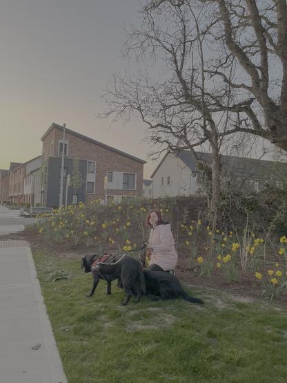 Núria, con un abrigo rosa claro está sentada en el césped junto a Oldo y Yuco, que lleva arnés rojo. Detrás de ella hay un jardín con muchas flores amarillas, narcisos. A la derecha, hay un árbol grande sin hojas. Al fondo, se ven casas modernas de dos pisos con fachadas de ladrillo y paneles blancos. El cielo está despejado y tiene un tono amarillo suave, indicando que es el atardecer.