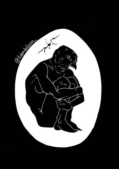 Traditional drawing with digital retouchings of a thin figure with boobs possesing a chicken head, crouched with his arms and legs crossed, inside an egg with a crack at the top, surrounded by darkness