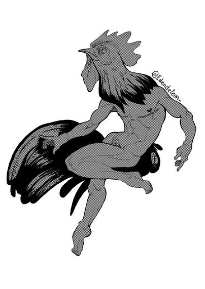 Traditional drawing with digital retouchings of a thin figure with top surgery scars, possesing a rooster head and a tail with feathers.