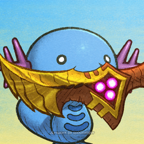 Digitally-handmade fanart portrait of a male Wooper Pokémon facing forward towards the right side of the image at a 3/4 angle holding onto a Nashor's Tooth sword in its mouth, on a blue-to-yellow gradient background.