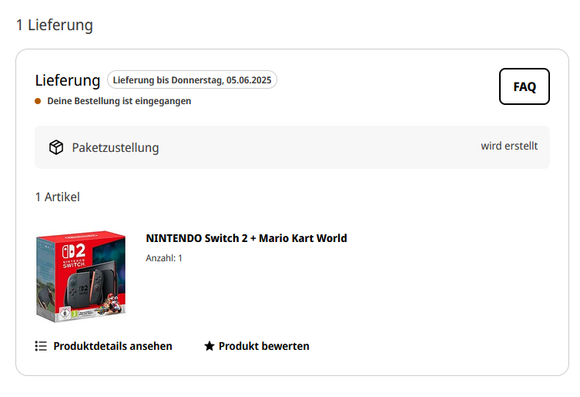 Screenshot einer Bestellung einer Switch 2 beim Mediamarkt.