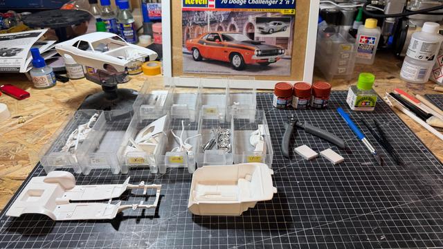 Parts of a Dodge Challenger by Revell in 1:24 scale.