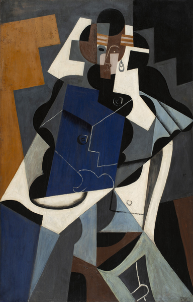 A Cubist painting. Although appearing to be a cacophonous assemblage of shapes and colors, it does resolve into an image of a woman sitting in a chair.