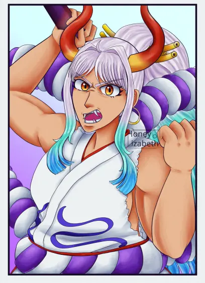 Fanart of Yamato from One Piece.
He's looking at you, angrily, ready to smack you. The pose is from his first colored appearance.