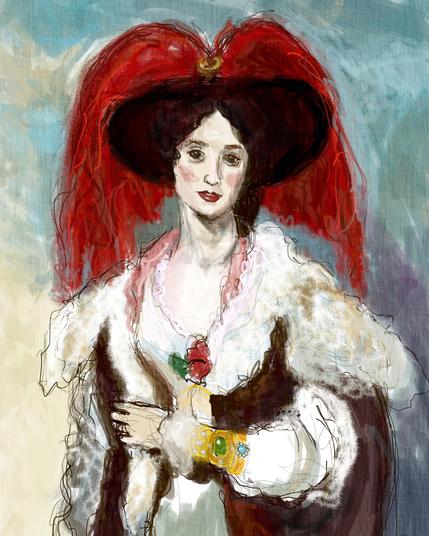 A digital drawing of a woman dressed in 19th century fine clothing, including a hat which seems to have dyed-red ostrich feathers as decoration. She wears a fur-trimmed coat on top of a satin dress.
