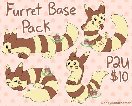 an ad for a pay to use art base pack that is being sold

it says "furret base pack" "P2U $10"

there are 4 different poses of the pokemon furret displayed, one side view, one sleeping, one standing normal, and one dynamic pose
