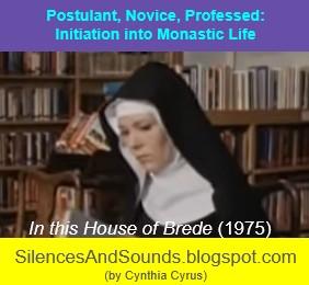 Diana Rigg in In This House of Brede, in a 1950s library; blog title "Postulant, Novice, Professed: Initiation into Monastic Life"