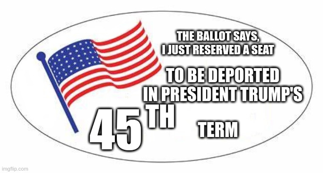 "I voted" sticker, saying
"The ballot says, I just reserved a seat
to be deported in president Trump's
45th term"
