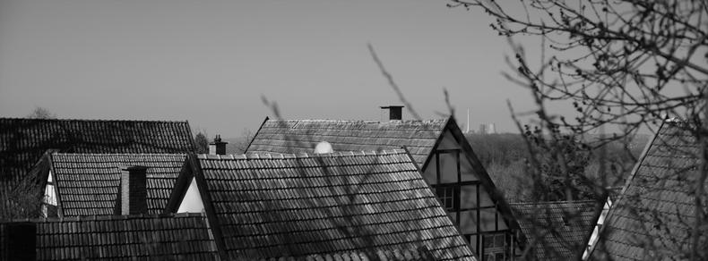Black and White photograph: Roofs of half-timbered houses in the foreground, a forest of indiscernible trees towards the background, and a power plant on the horizon.